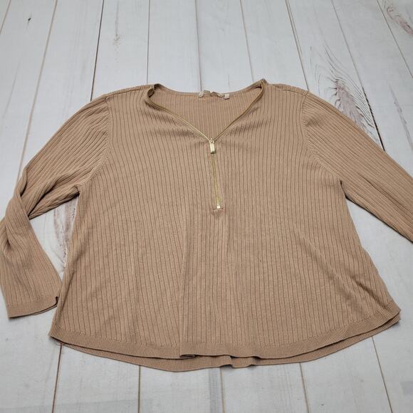 Soft surroundings Valentina zip V neck ribbed sweater tan knit minimalist - Picture 1 of 6